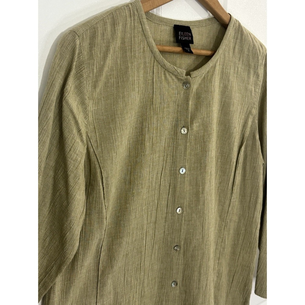 Eileen Fisher M Organic Cotton Rib Knit Tunic Green Button Front Lagenlook 0635